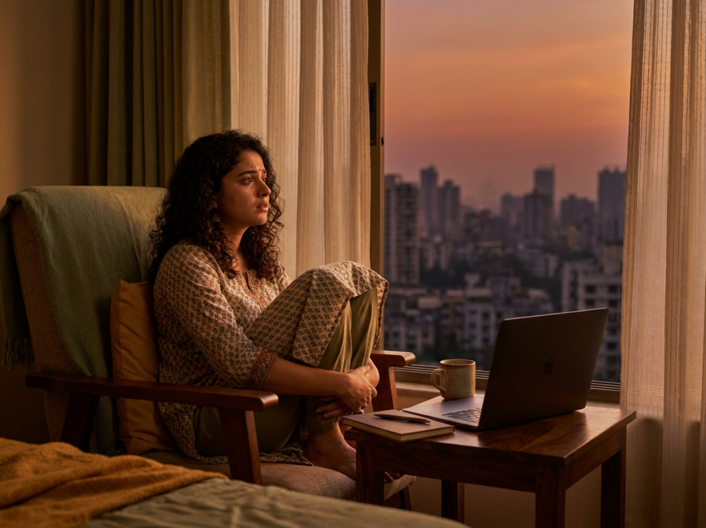 Woman by a window on a Sunday evening feeling anxious about the week ahead