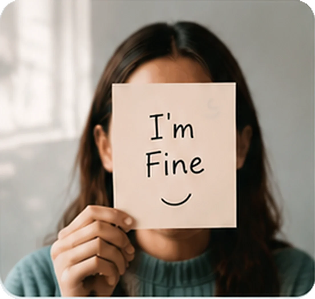 Woman hiding her face behind an I'm Fine note