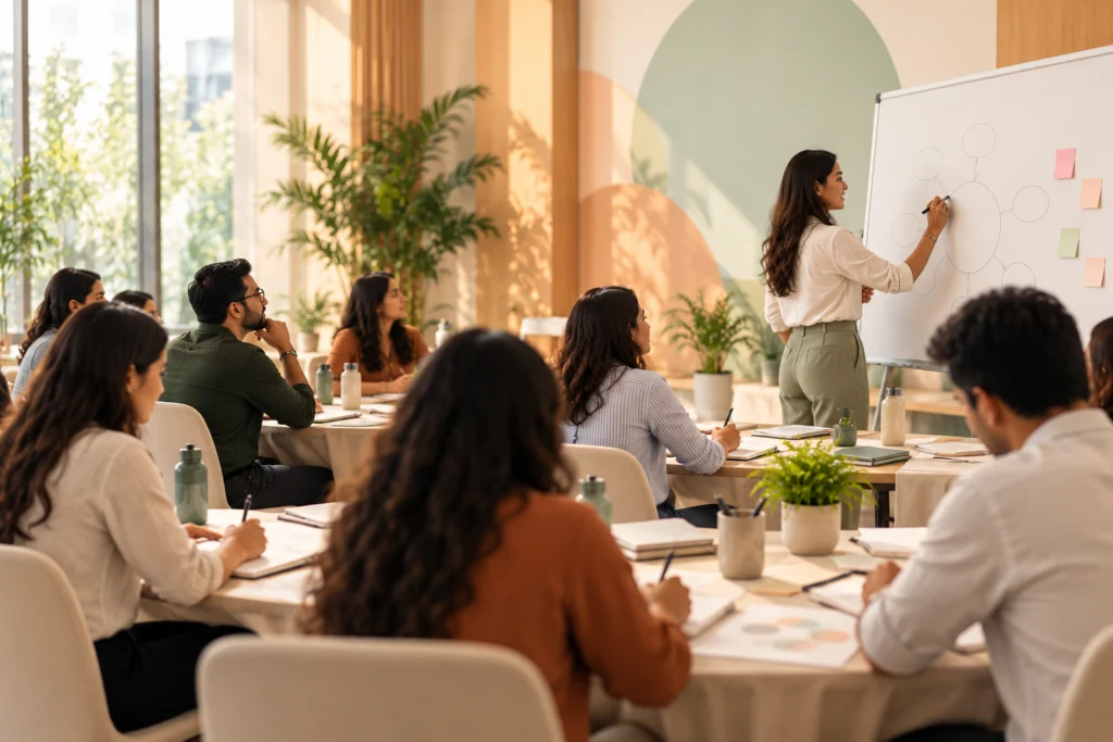 Employees in a skills training workshop
