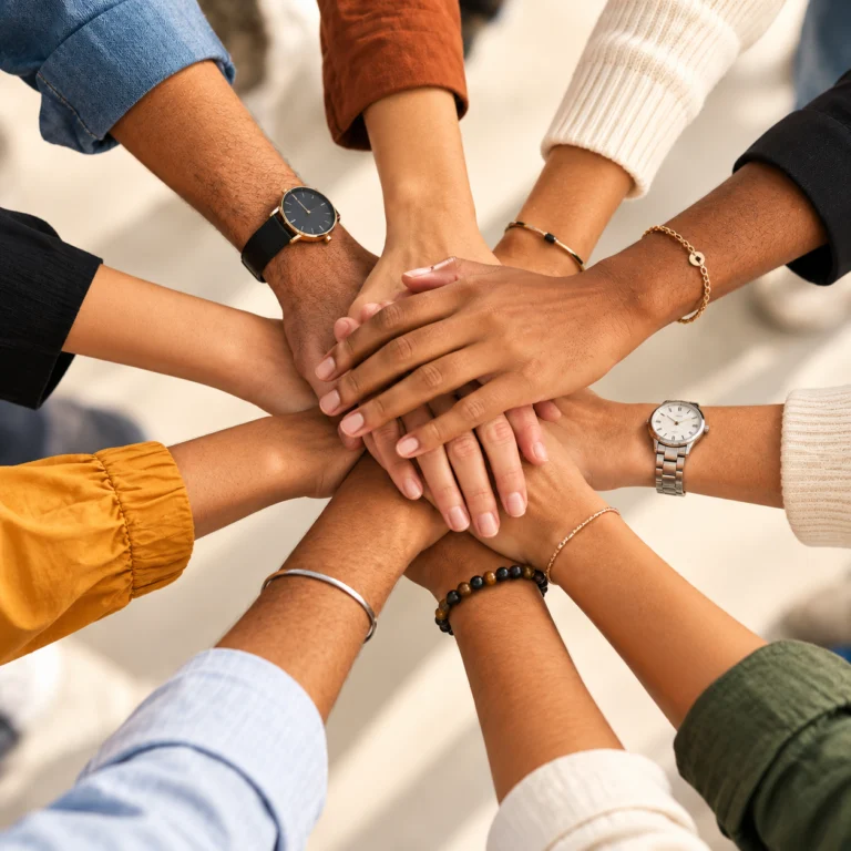 Team stacking hands together, teamwork and collaboration