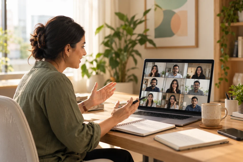 Facilitator leading an online webinar for employees