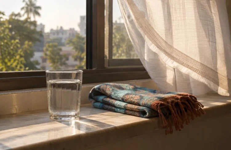 A glass of water and a folded scarf on a windowsill with the curtain lifting