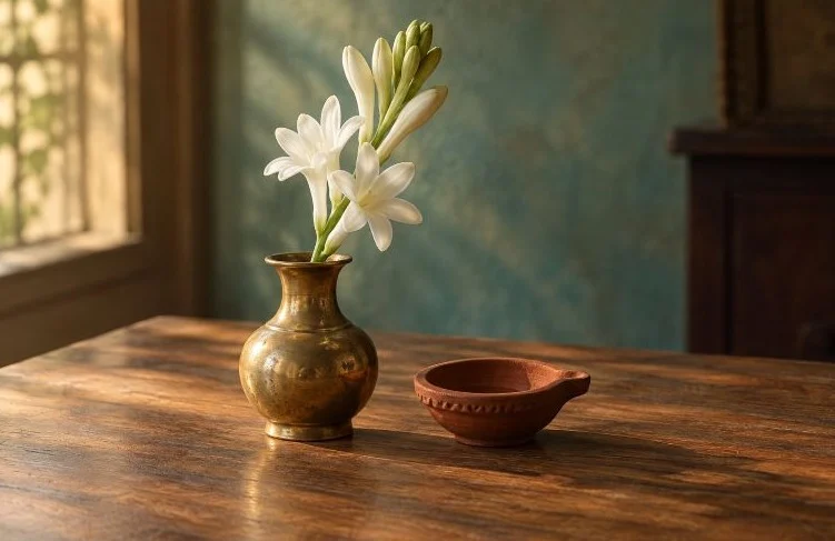 A single white tuberose in a brass vase beside an unlit clay diya