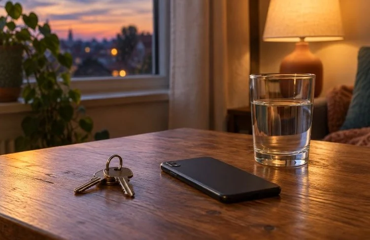 House keys, a phone lying face down and a glass of water on a table by a window