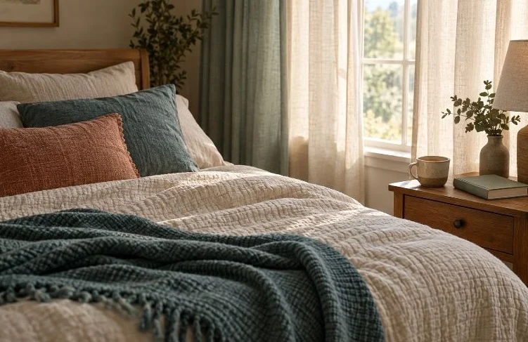 A softly made bed with a cotton quilt and a cup of tea on the bedside table