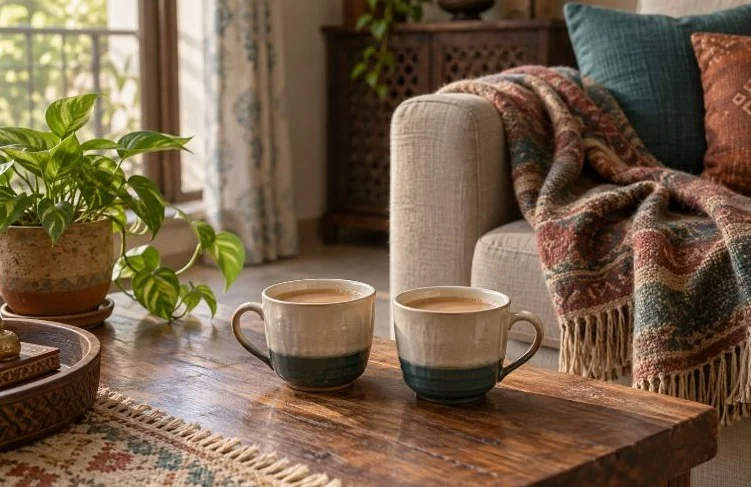 Two cups of chai on a low wooden table with a shawl over the sofa arm