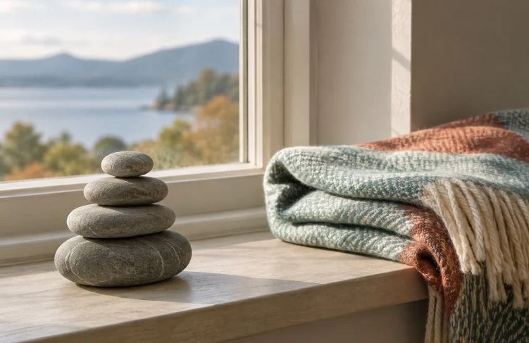 A stack of smooth river stones on a windowsill beside a folded blanket