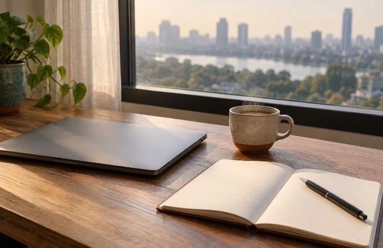 A closed laptop, a cooling cup of chai and an open notebook on a desk by a window