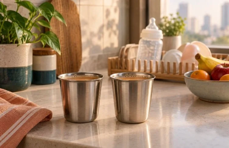 Two steel cups of chai side by side on a kitchen counter, with a baby bottle drying behind them