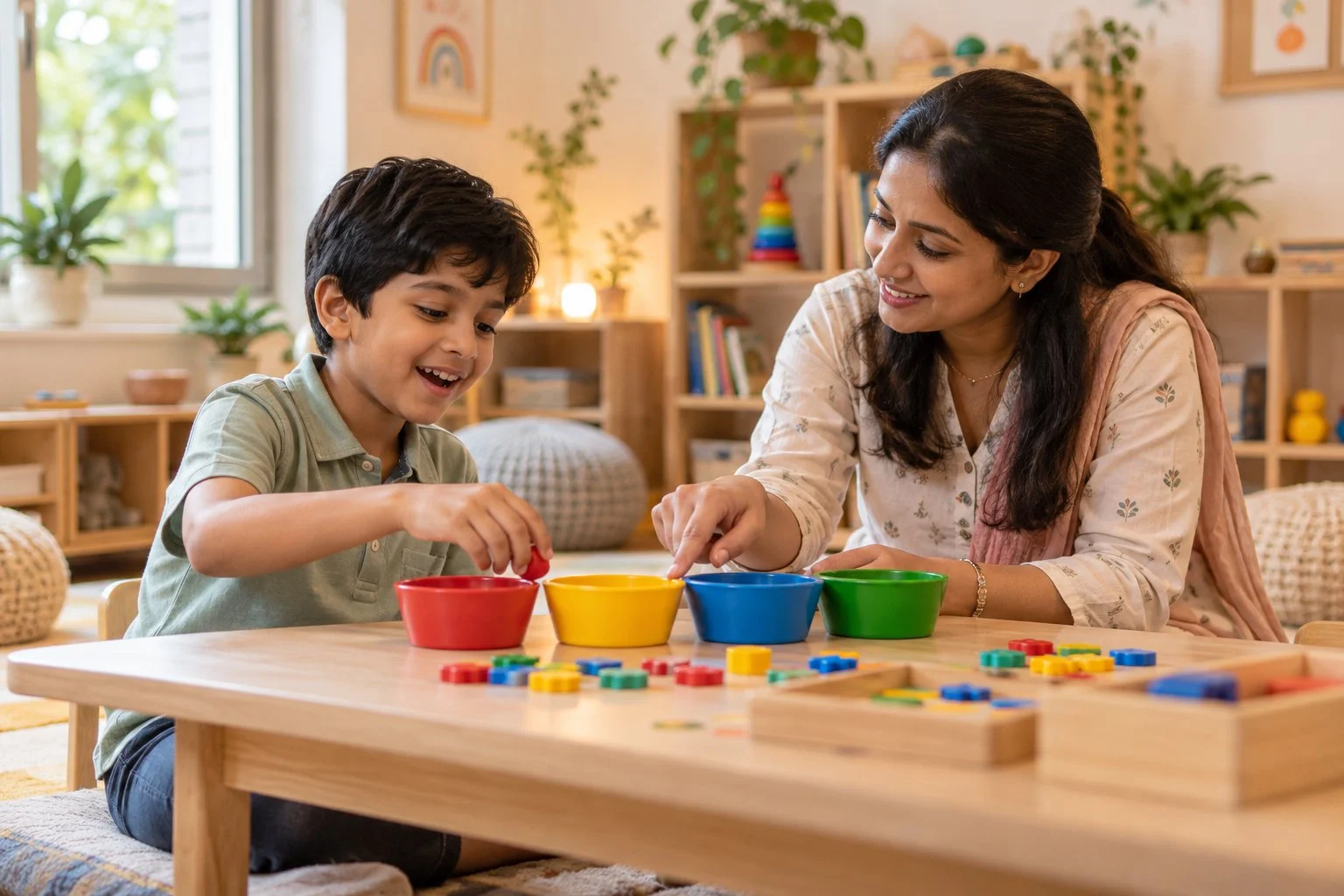 A smiling boy sorting coloured pieces into bowls with a therapist guiding him