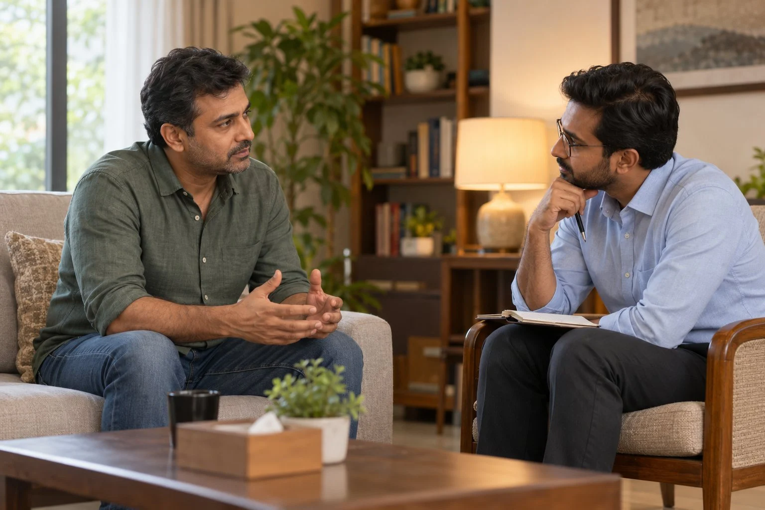 A man talking openly with a male therapist in a calm room