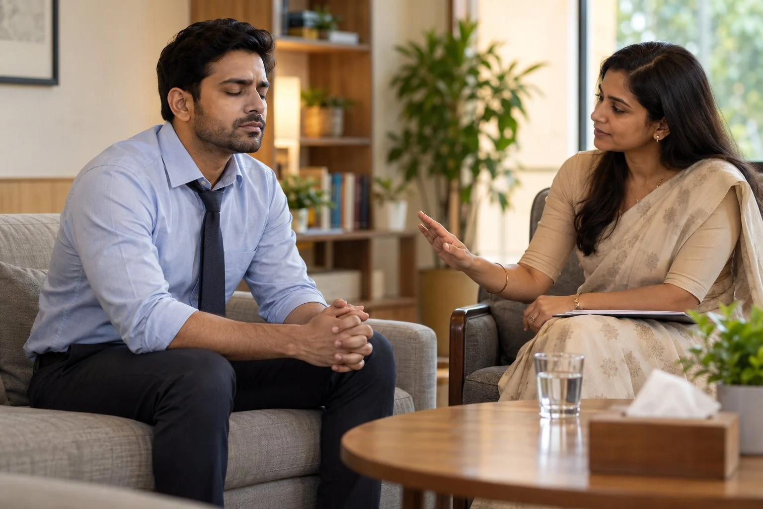 A man taking a slow, calming breath while a therapist guides him
