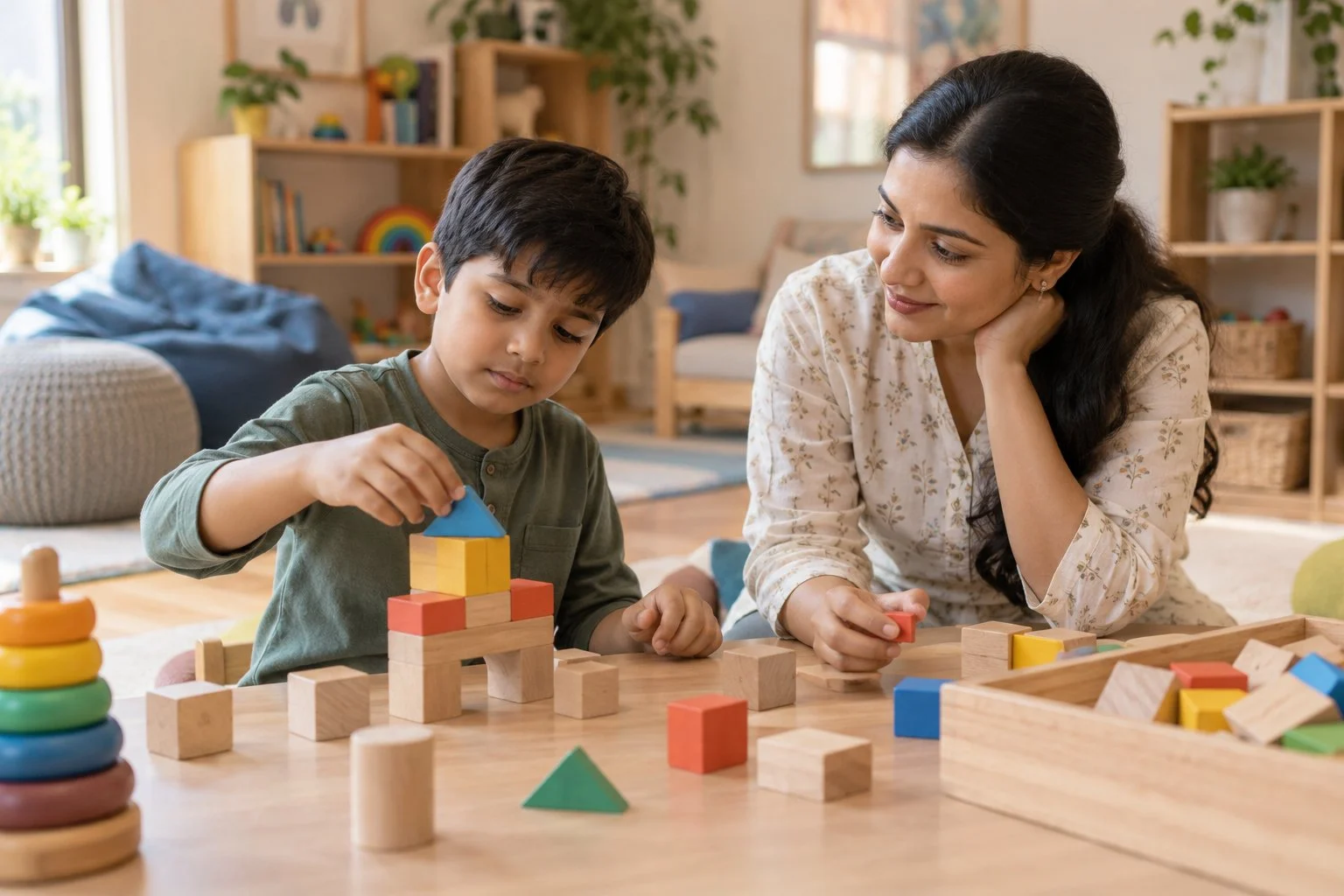 A young boy building with wooden blocks while a therapist sits beside him