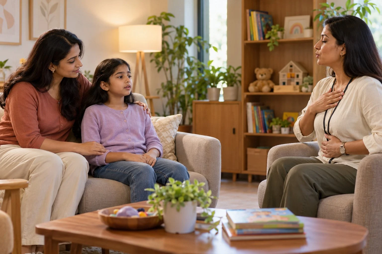 A girl and her mother practising a calm breathing exercise with a child therapist