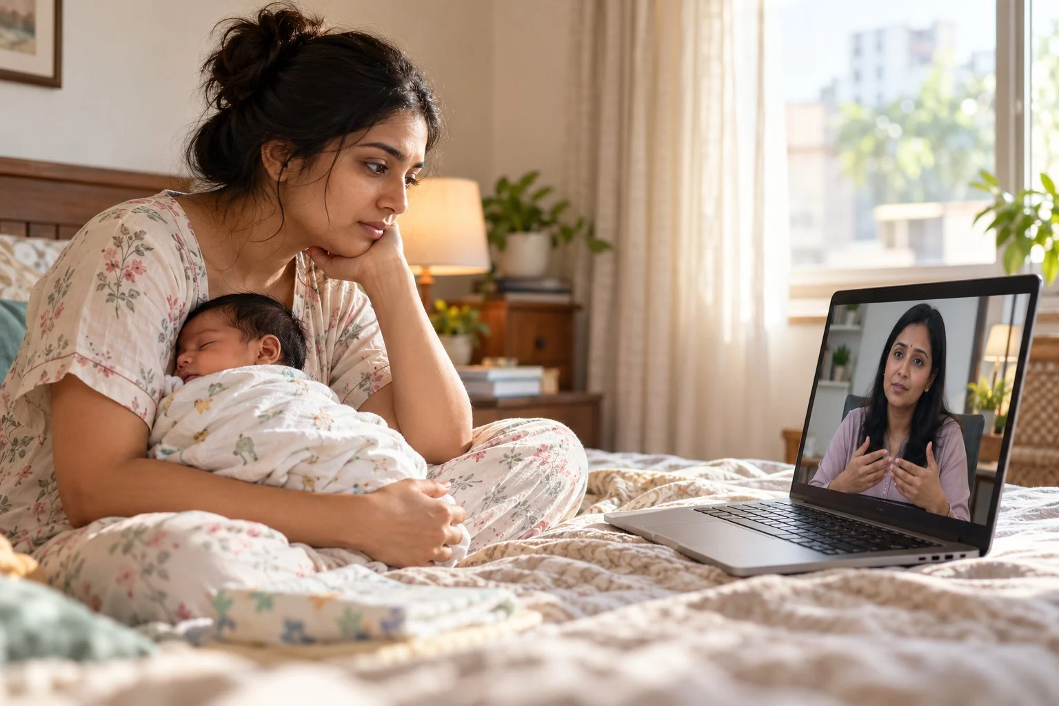 A new mother holding her sleeping baby during an online session with a therapist