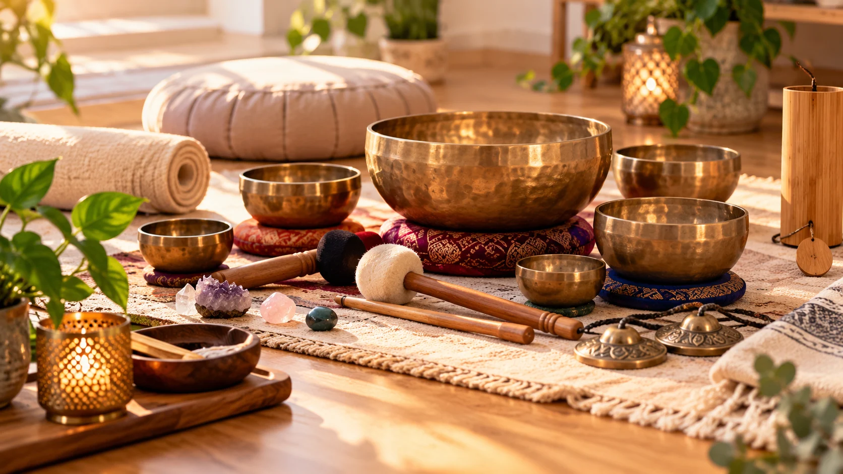 Singing bowls set up for a sound healing session