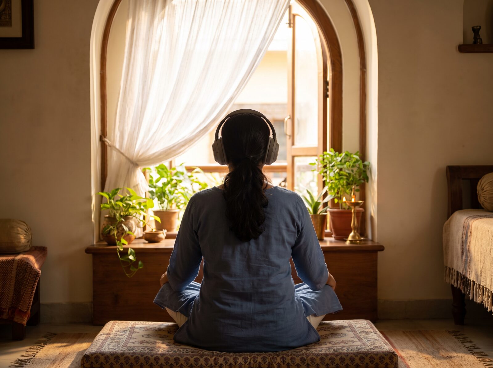 A woman wearing headphones sits cross-legged by a sunlit window, listening to a guided practice