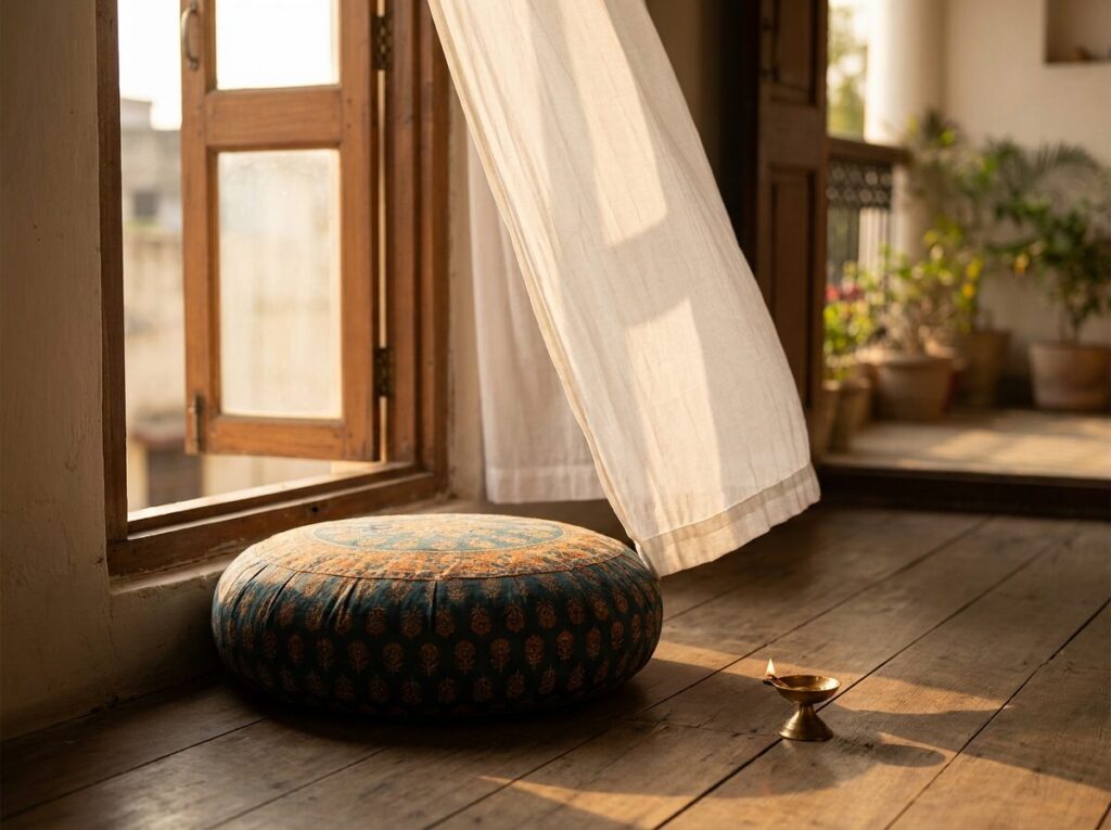 A floor cushion by an open window at sunrise with a small brass diya