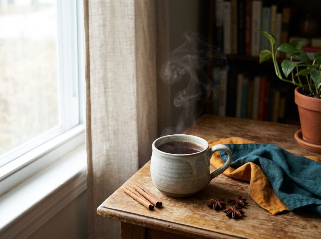 A cup of hot chai with steam rising on a wooden table