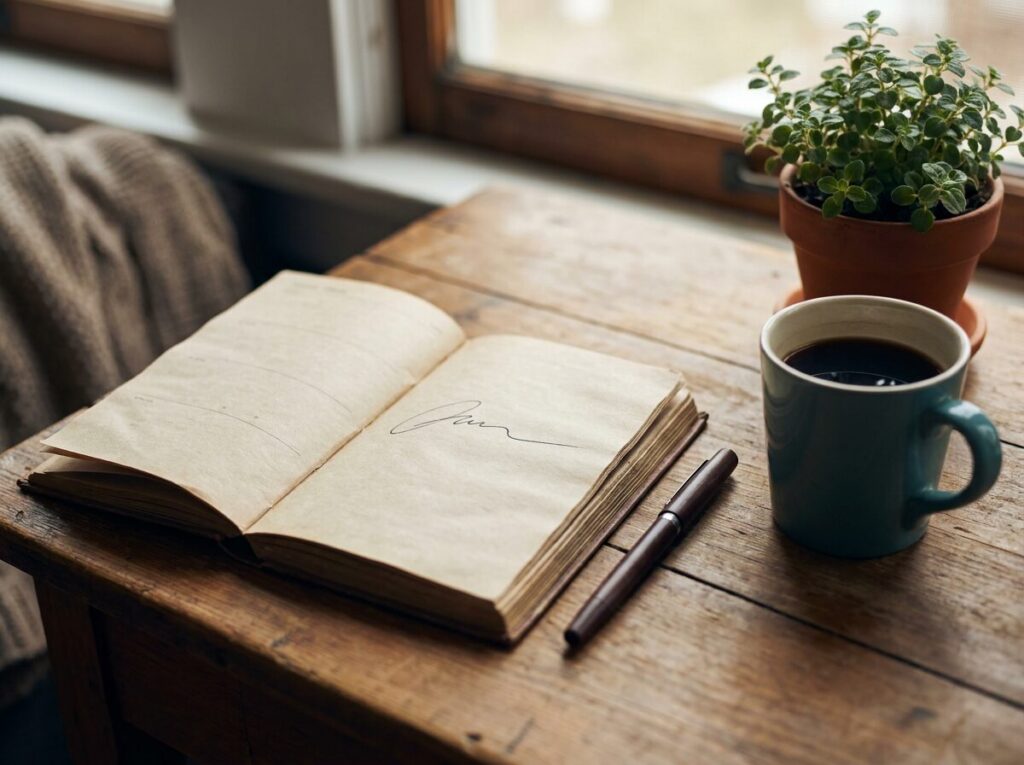 An open planner, pen and coffee on a sunlit desk