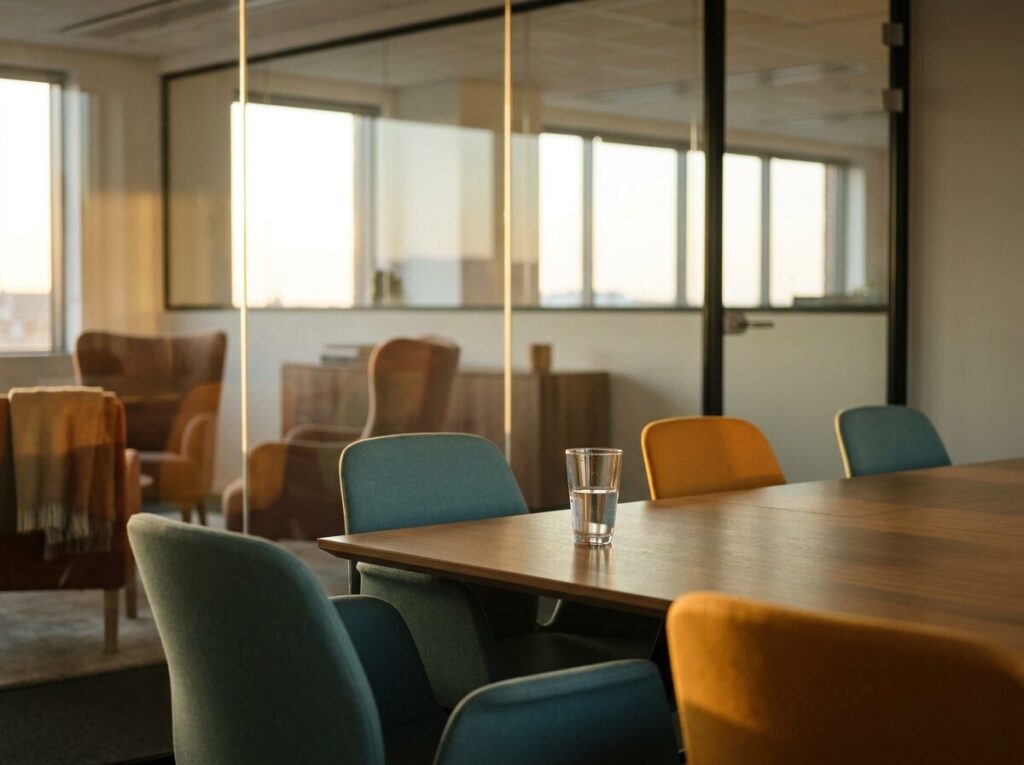 An empty meeting room with chairs pushed back and a glass of water