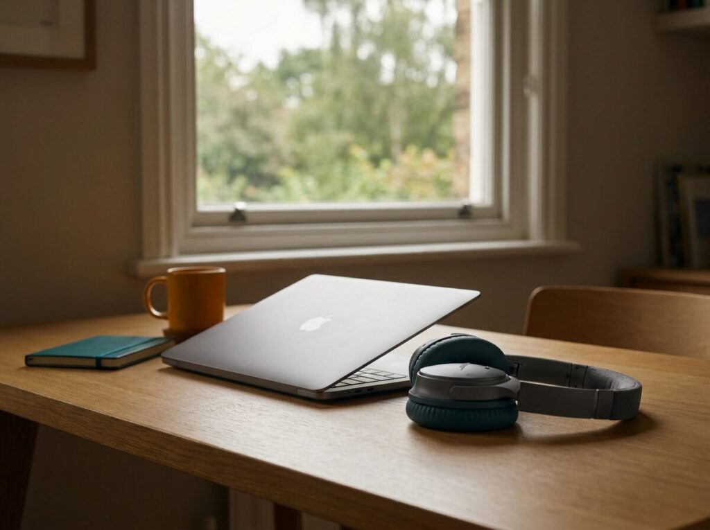 A half-closed laptop and headphones on a desk by a window