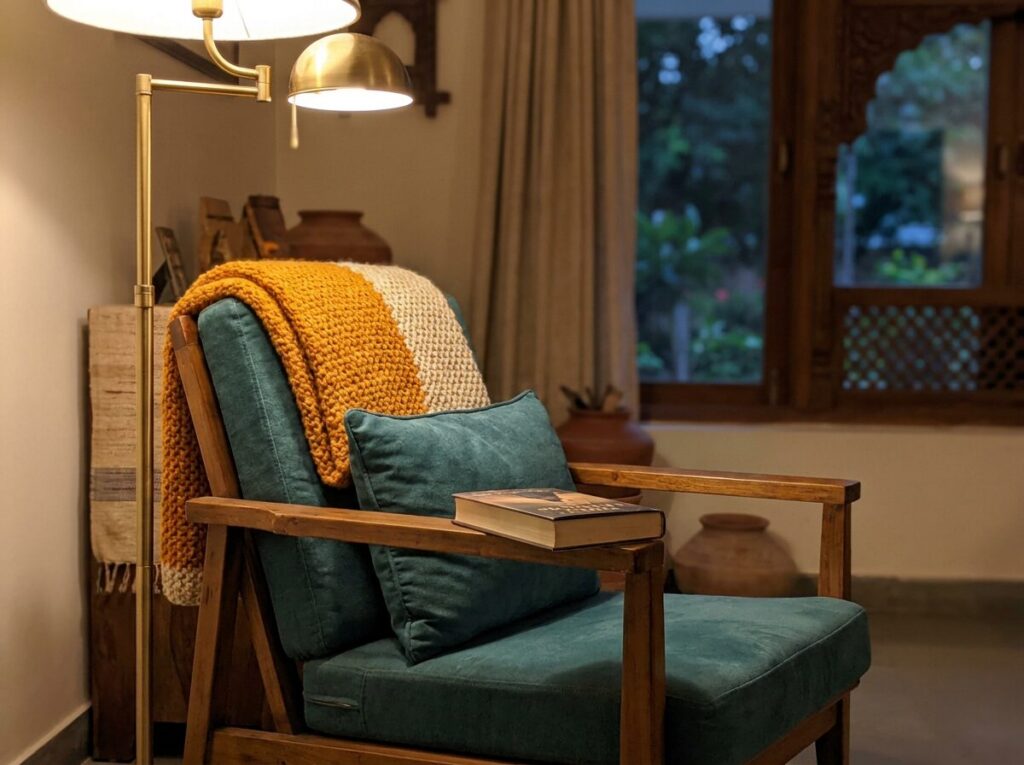 An empty armchair with a blanket and a lamp at dusk